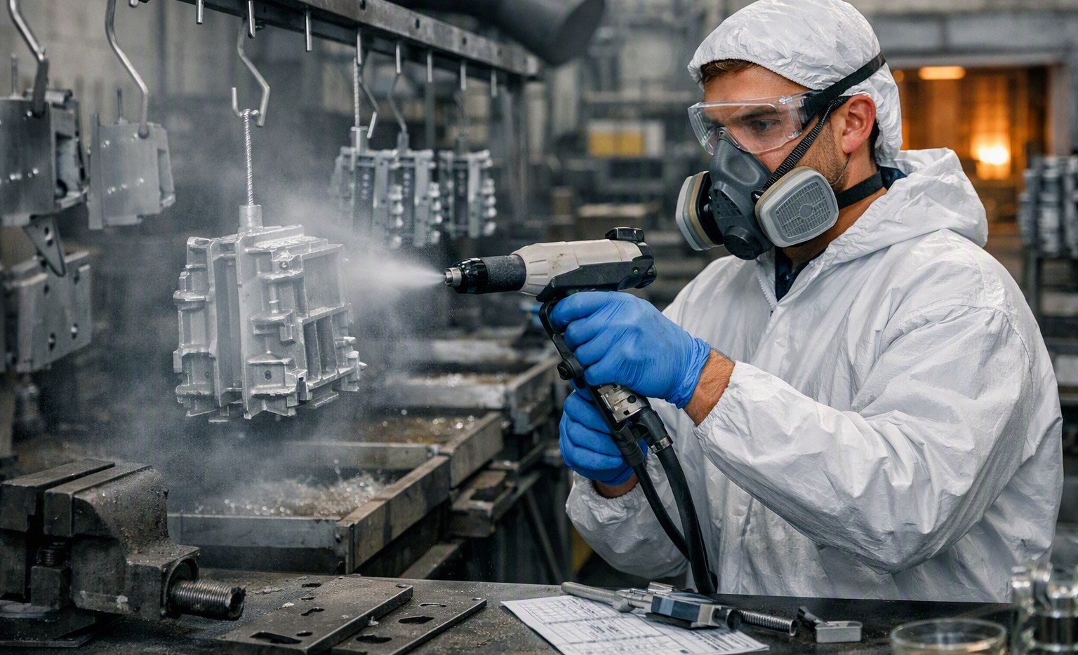 Technician applying coating to hanging components in a finishing line