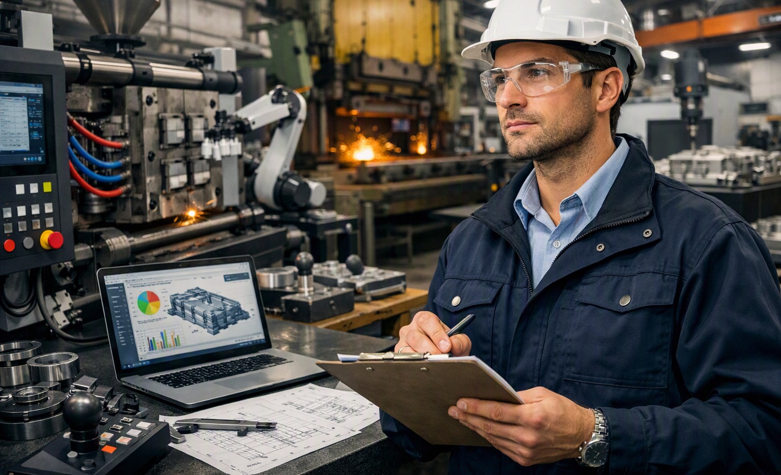 Engineer in hard hat and safety glasses reviewing drawings on a clipboard on a manufacturing shop floor