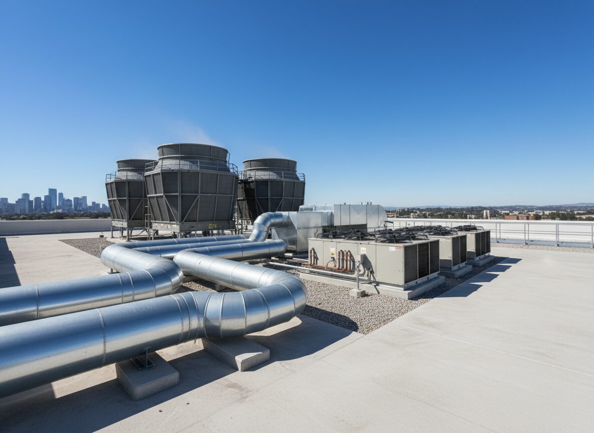 Rooftop central AC chiller and cooling tower installation