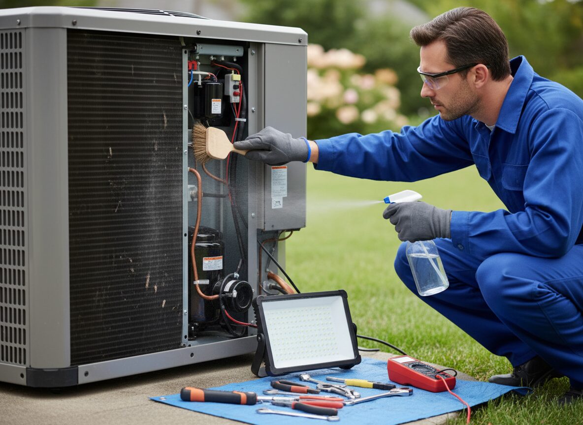 Technician performing AC unit maintenance