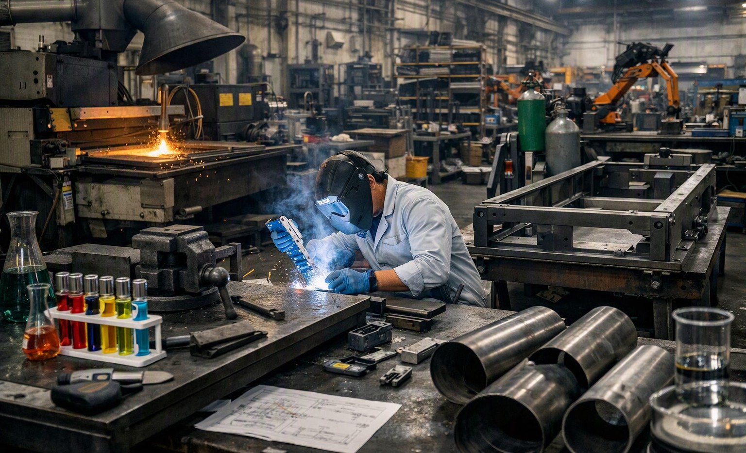 Welder fabricating a metal component on an industrial shop floor