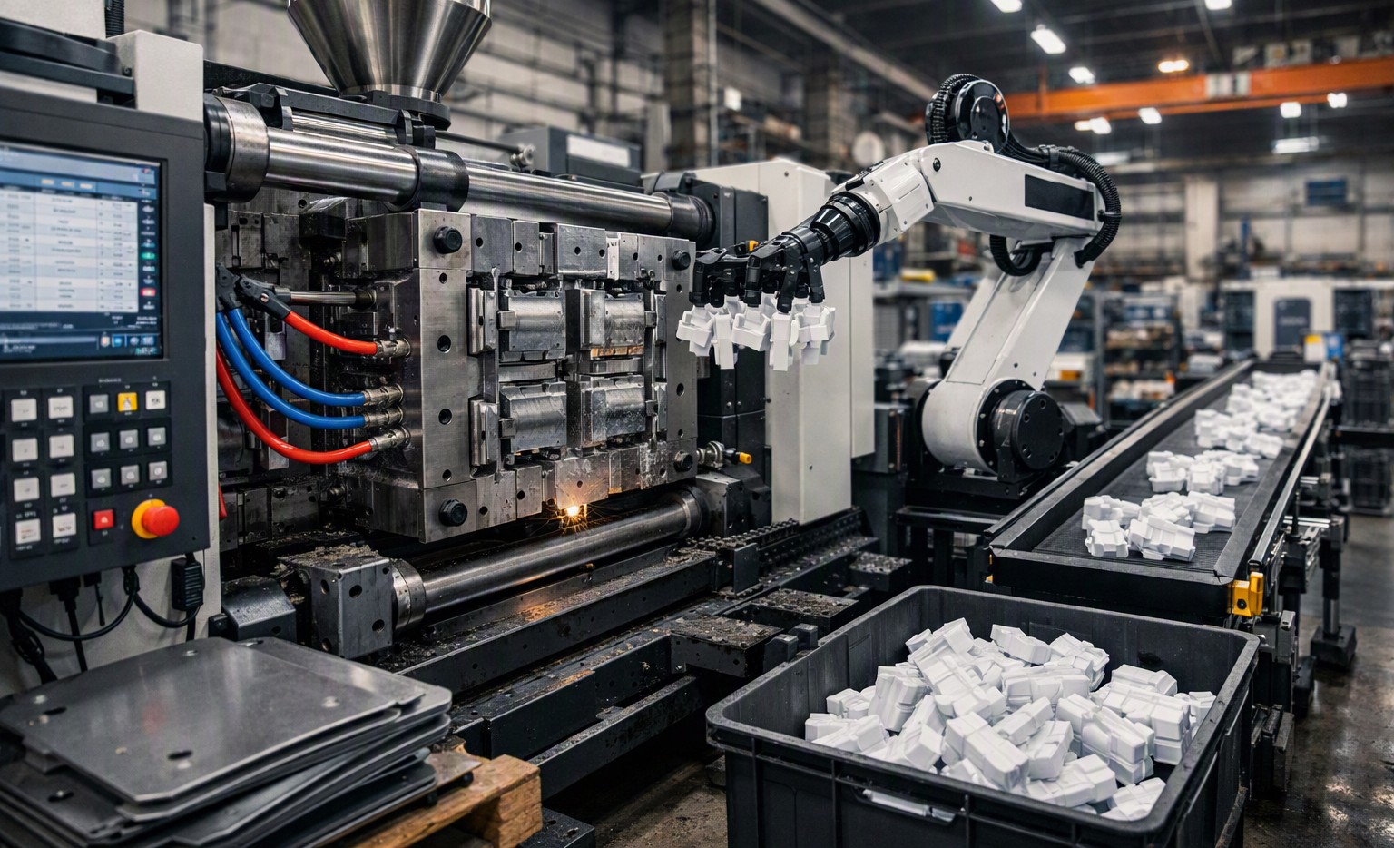 Injection molding machine with robot arm removing molded parts