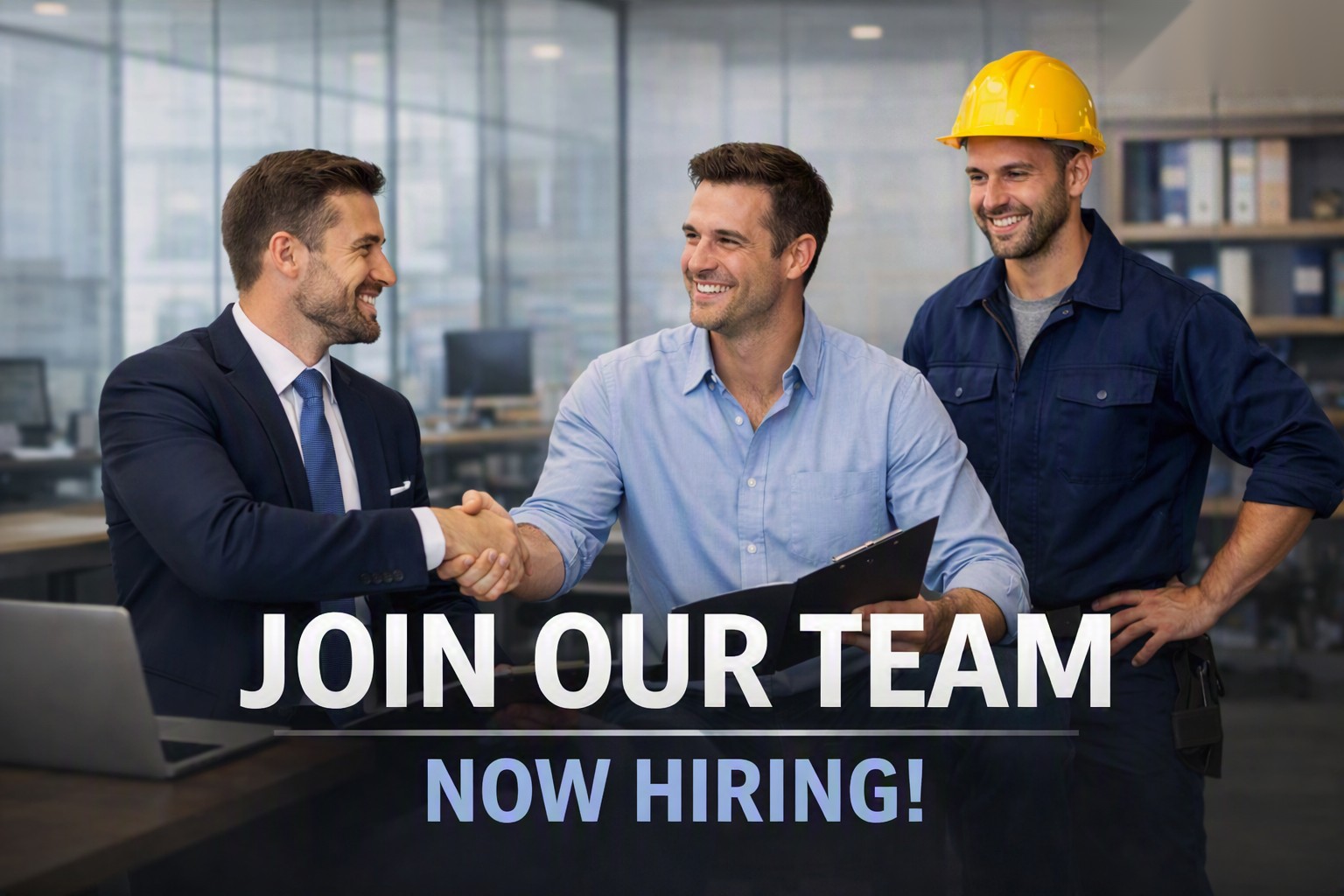 Recruitment banner — businessman shaking hands with a new hire, joined by a hard-hat technician, reading Join Our Team, Now Hiring