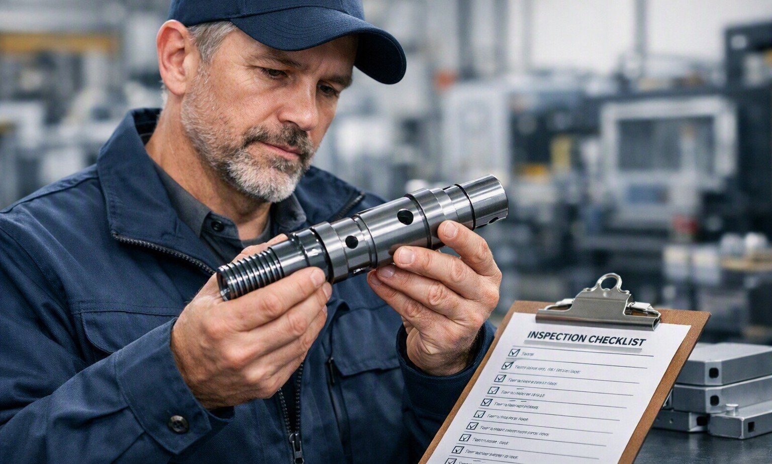Technician verifying a machined component against an inspection checklist