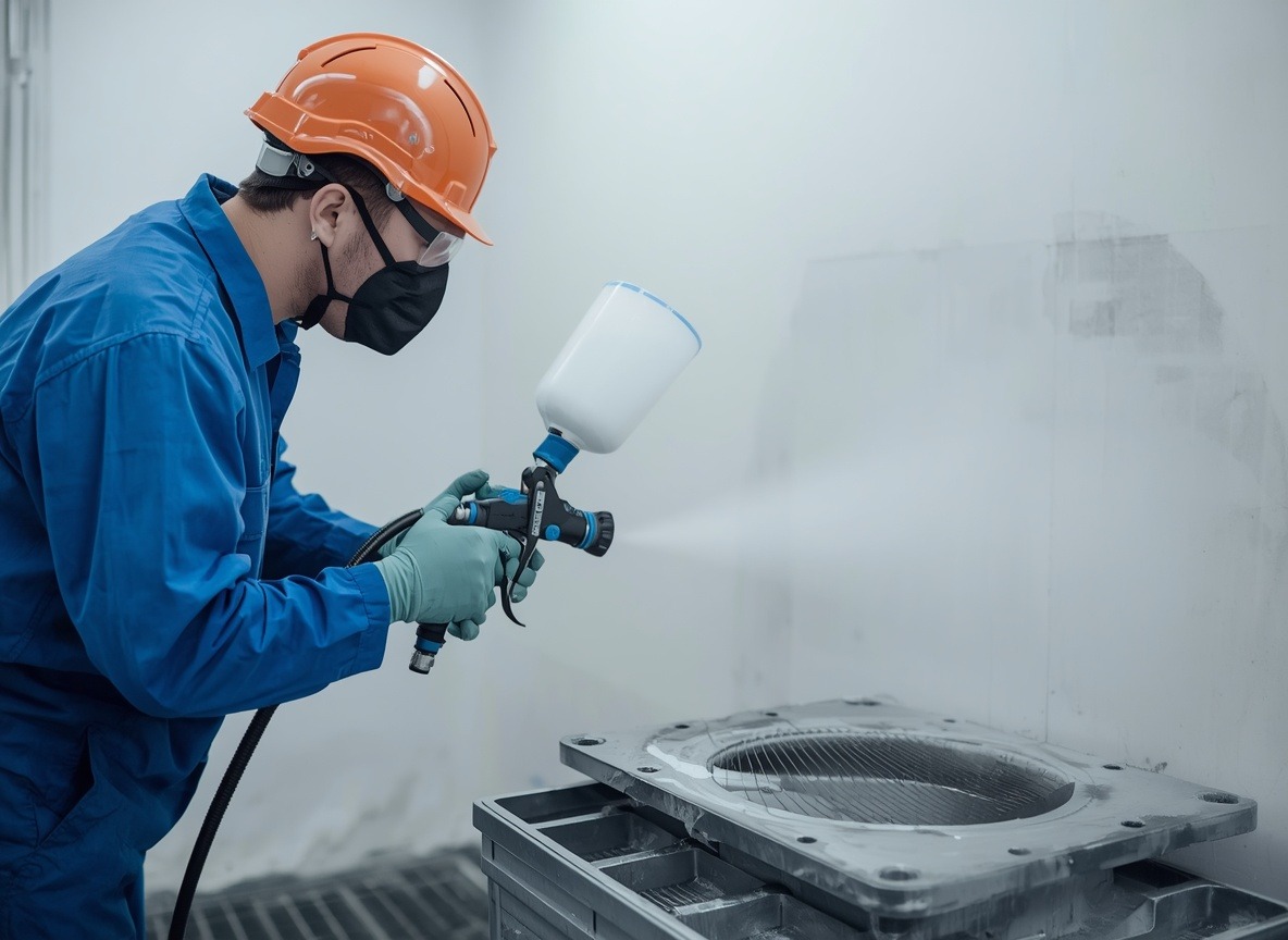 Technician spray-painting an industrial part in a paint shop booth