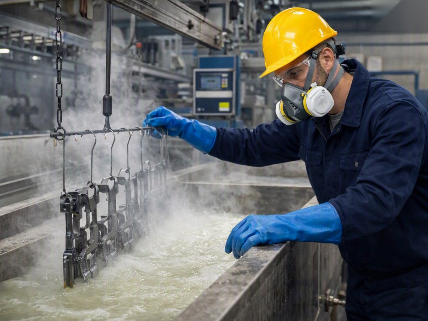 Technician in PPE lifting a rack of components from a phosphating immersion tank