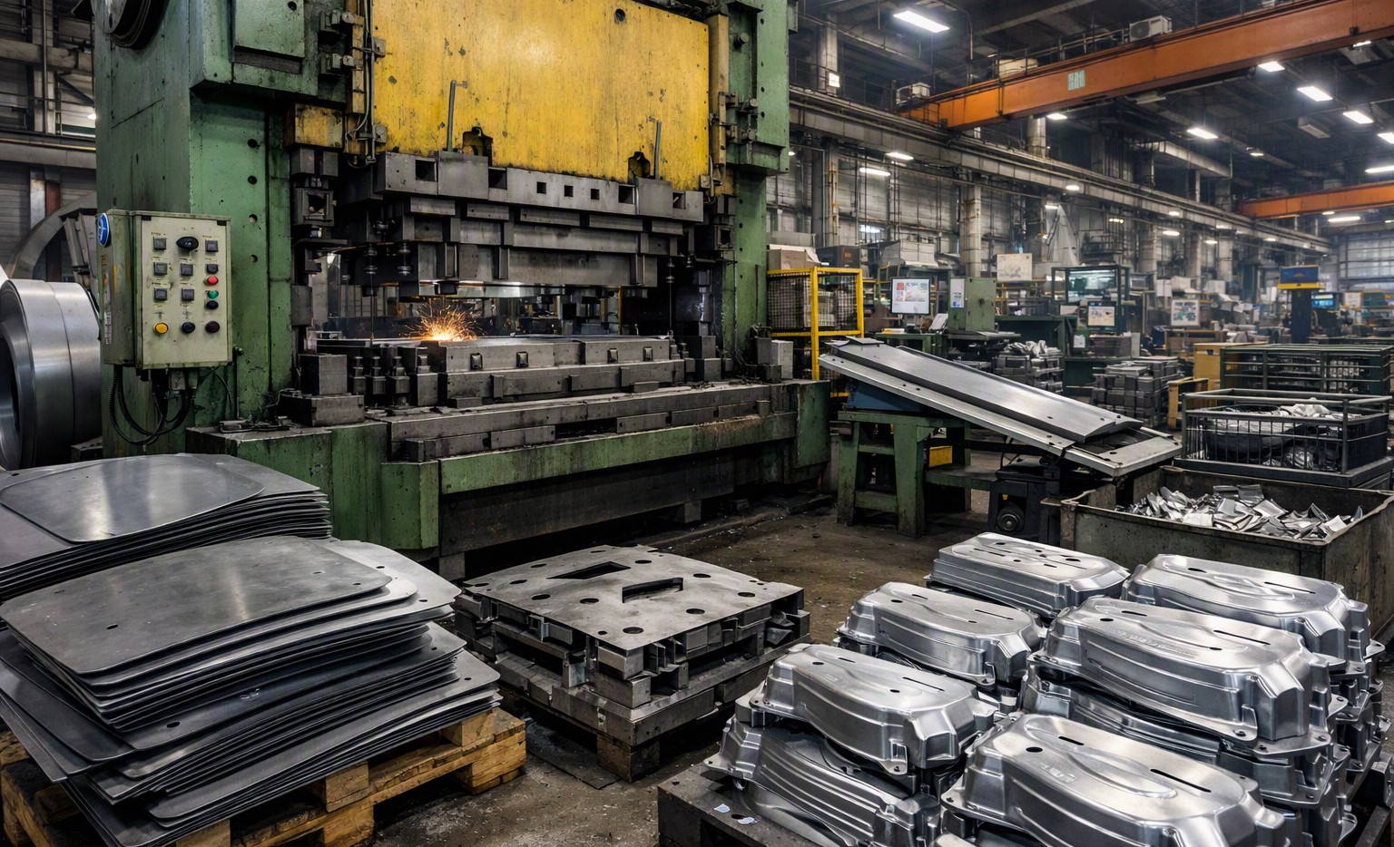 Sheet metal stamping press with stacked blanks and formed components